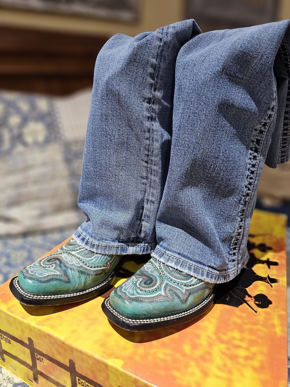 Turquoise Embroidered & Mini Studs Western Heeled Boots - Picture 9 of 12